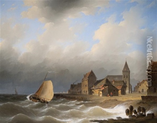 Coastal Village By Choppy Seas Oil Painting - Herman Henry op der Heyde