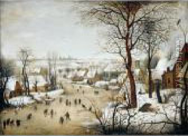Winter Landscape With A Bird Trap Oil Painting - Pieter The Younger Brueghel