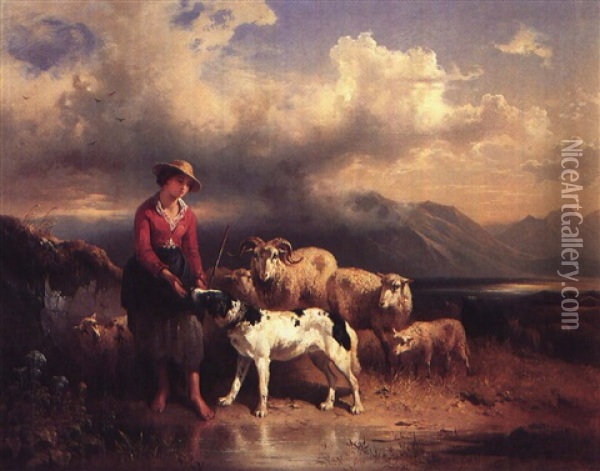 Bauernmadchen Mit Schafherde Oil Painting - Friedrich Gauermann