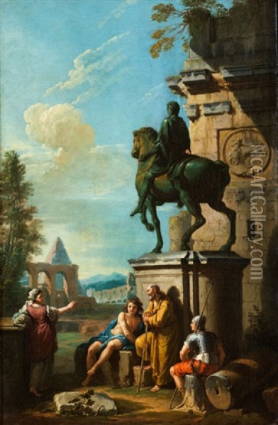 Romisches Ruinencapriccio Antiker Reiterstatue Und Figurenstaffage Oil Painting - Giuseppe Zocchi