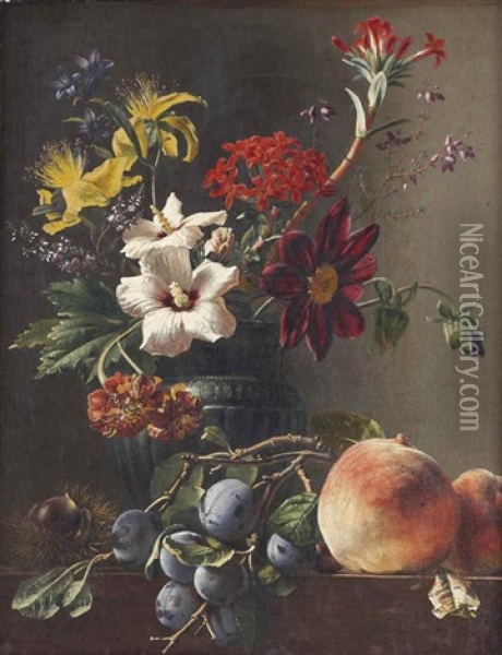 Bellflowers, Dahlias, Hypericum And Other Flowers In A Vase, With A Chestnut, Prunes And Peaches On A Ledge Oil Painting - Georgius Jacobus Johannes van Os