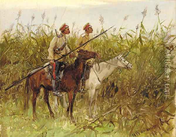 Russian vedettes in a field in Tao-ling, Manchuria during the Russo-Japanese War , 1901 Oil Painting - Ivan Alexeievitch Wladimiroff