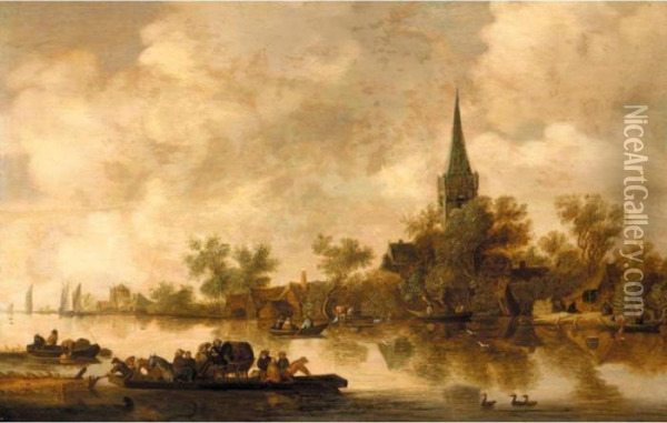 An Estuary Landscape With A Ferryboat And A Church Beyond Oil Painting - Jan van Goyen
