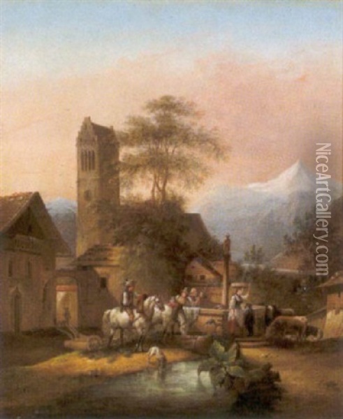 Brunnen In Zell Am See, Freie Seitenverkehrte Oil Painting - Friedrich Gauermann