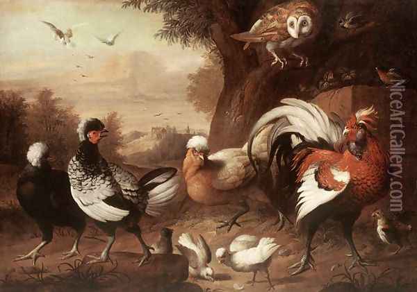 Fowls and Owl, (Baromfiak és bagoly) Oil Painting - Jakab Bogdany