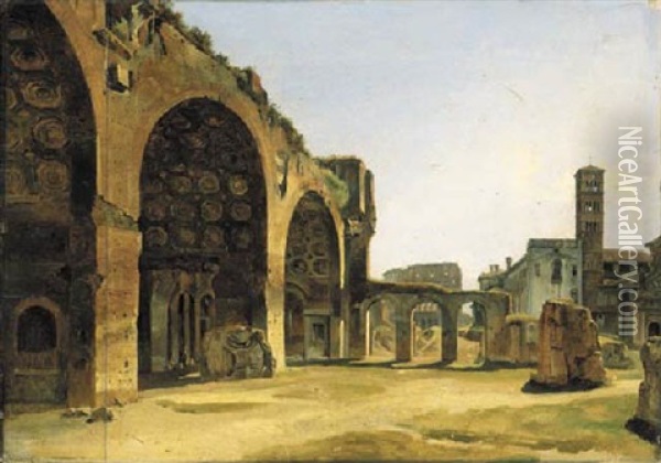 A View Of The Basilica Of Maxentius And Constantine, Looking From The Palazzo Dei Conservatori Oil Painting - Amedee Bourgeois