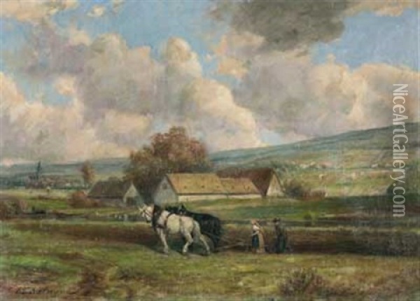 Sommerlandschaft Mit Pflugendem Bauernpaar Vor Oberhessischem Dorf Oil Painting - Julius F. Dielmann