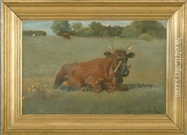 Field With A Resting Cow Oil Painting - Soren Jorgensen Lund