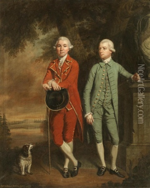 Portrait Of Edmund Pytts And His Brother Samuel Standing By A Commemorative Urn In Parkland With A Spaniel, A View Of Kyre House Beyond Oil Painting - Thomas Beach