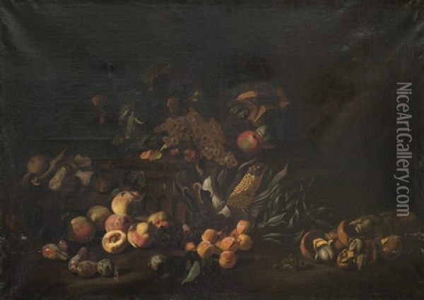 Nature Morte Aux Champignons, Epis De Mais Et Fruits Oil Painting - Michelangelo di Campidoglio
