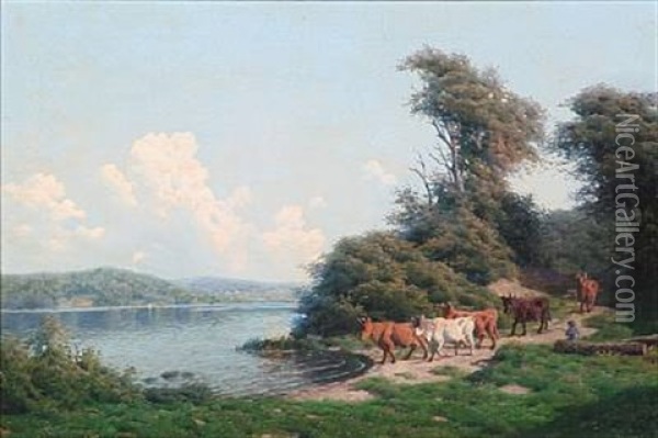 Summer Day With A Shepherd With His Cows At A Coast Oil Painting - Carl Frederik Bartsch