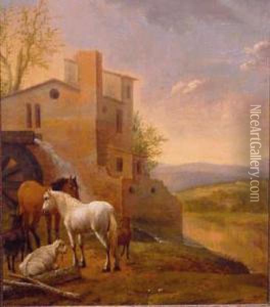 Two Horses And Three Goats By A Waterspout In An Arcadian Landscape Oil Painting - Caspar Andriaans Van Wittel