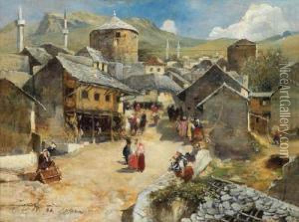 Eine Strasenszene In Mostar Oil Painting - Paul Reiffenstein