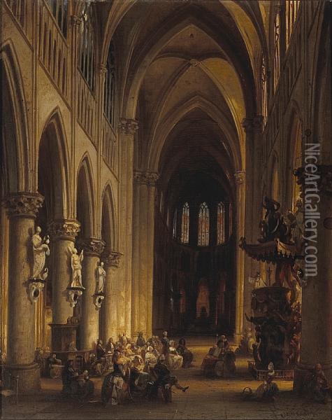 Figures Attending Mass Oil Painting - Jules Victor Genisson