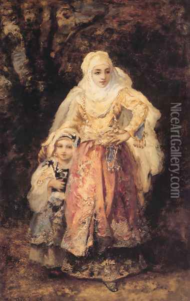 Oriental Woman and Her Daughter Oil Painting - Narcisse-Virgile Diaz de la Pena