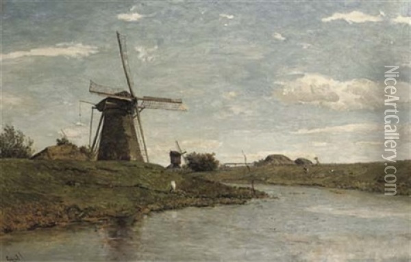 Windmills At Kinderdijk Oil Painting - Paul Joseph Constantin Gabriel