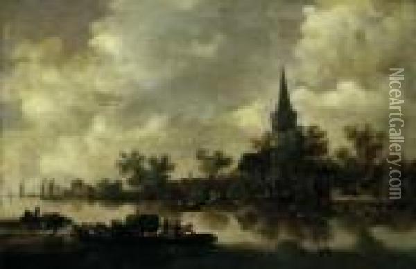 Flusslandschaft Mit Fahrboot. Oil Painting - Pieter de Neyn