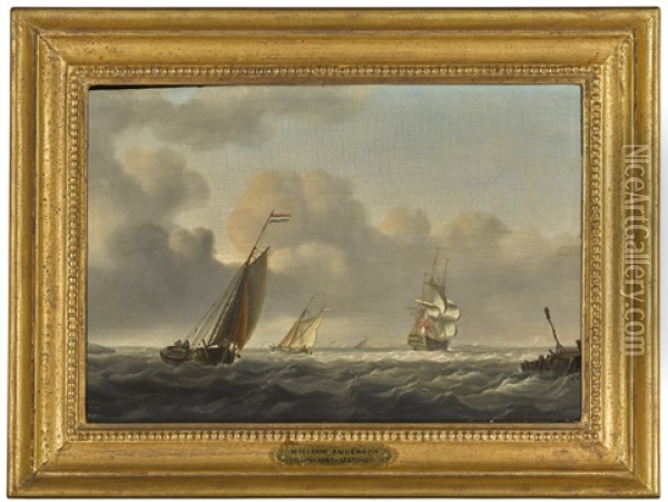 Dutch Barges Running Inshore In A Breeze, An English Man-o'-war Beyond Oil Painting - William Anderson