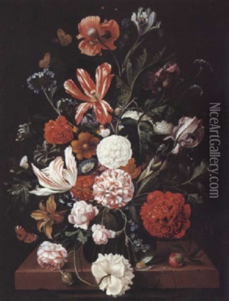 Vase De Fleurs Sur Un Entablement Oil Painting - Jakobus Rootius