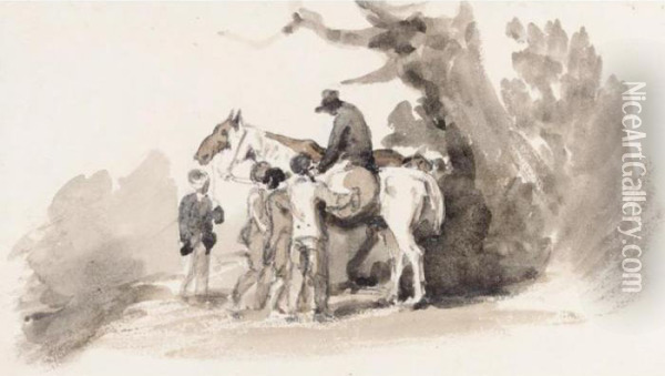 Young Boys Gathering Round A Horseman Oil Painting - Peter de Wint
