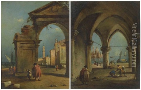 An Architectural Capriccio With Figures By Ruins; And A Portico In A Courtyard (2) Oil Painting - Francesco Guardi
