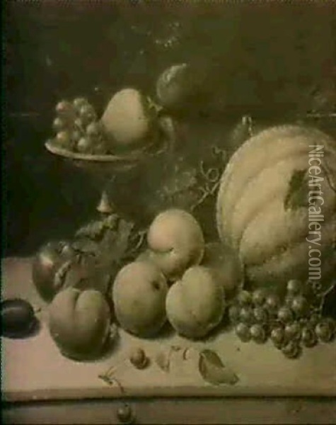 Ein Stilleben Von Weintrauben, Pfirsichen Und Einer Melone Oil Painting - Jeanne Marie Josephine Hellemans