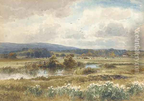 Cows grazing in the water meadows Oil Painting - John Steeple