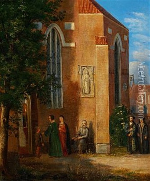 Parti Foran En Kirke; Kirkegaengere I Det Xvi Arhundredes Dragter Oil Painting - Dankvart-Christian-Magnus Dreyer