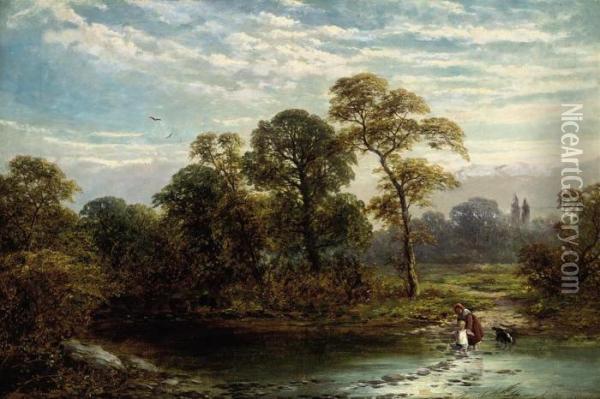 Crossing The Brook Oil Painting - George Turner