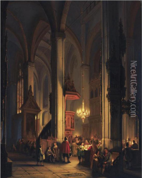 Evening Service In A Gothic Church Oil Painting - George Harvey