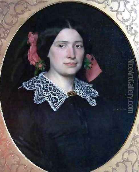 Portrait of Woman with Pink Ribbons and Lace Collar Oil Painting - Jean-Jacques Henner