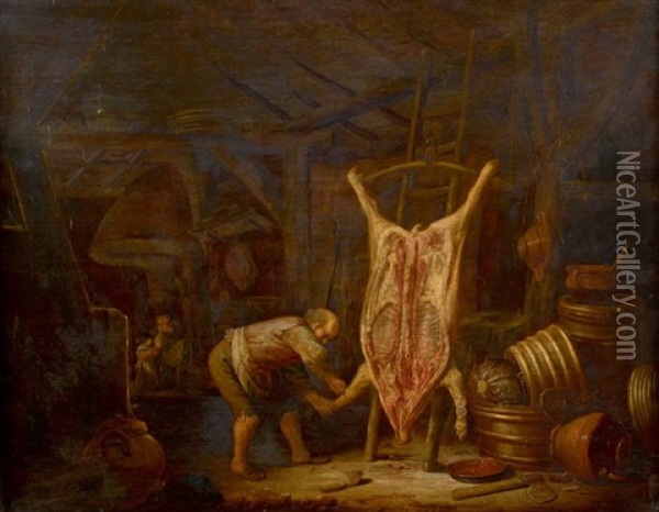 Interieur De Cuisine Avec Un Porc Ecorche Oil Painting - Hendrik Hendricksz Bogaert
