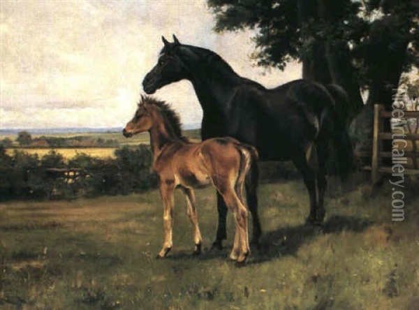 A Mare And Foal Oil Painting - Wright Barker