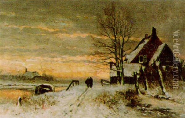Winter Landscape With Figures Returning Home At Dusk Oil Painting - Gelaidus Johannes Roesmeester