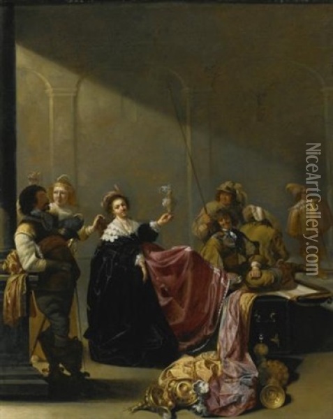 A Guardroom Interior With A Seated Woman Amongst Plunder Oil Painting - Jacob Duck