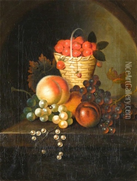 Still Life Of Strawberries In A Basket And Fruit On A Ledge Oil Painting - George William Sartorius