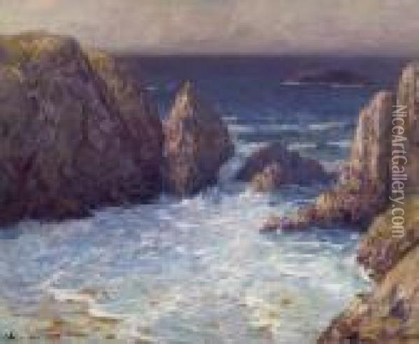 Rocky Coast. Verso Seated Woman In Green. Oil Painting - Charles Cottet