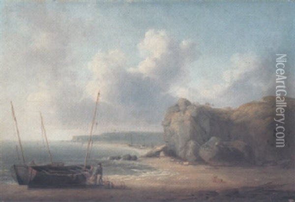 Coastal Scene With A Fisherman Unloading His Catch Oil Painting - William Anderson