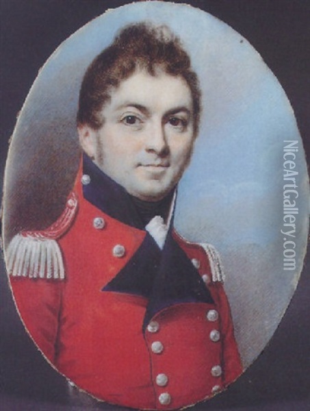 Colonel Otto William Offeney, With Short Brown Hair, Wearing A Red Uniform With Blue Facings And White Lace, Sky Background Oil Painting - George Engleheart