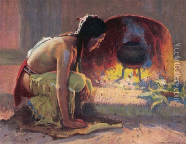 Preparing The Evening Meal Oil Painting - Eanger Irving Couse