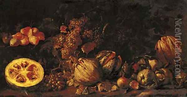 A still life with melons, pears, grapes and pomegranates Oil Painting - Roman School