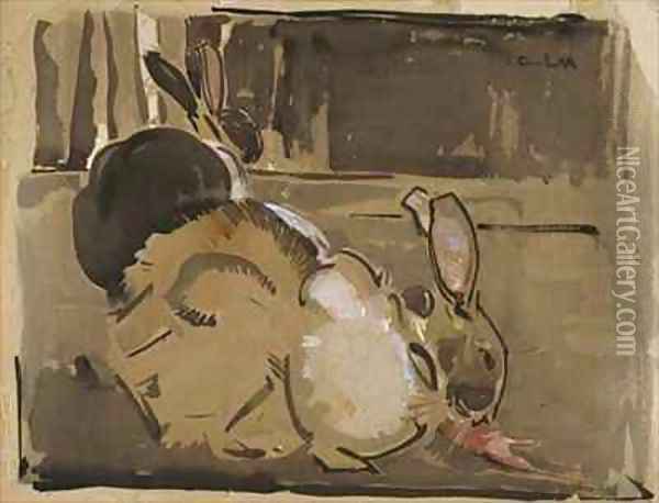Two Rabbits One Eating Carrots Oil Painting - Joseph Crawhall