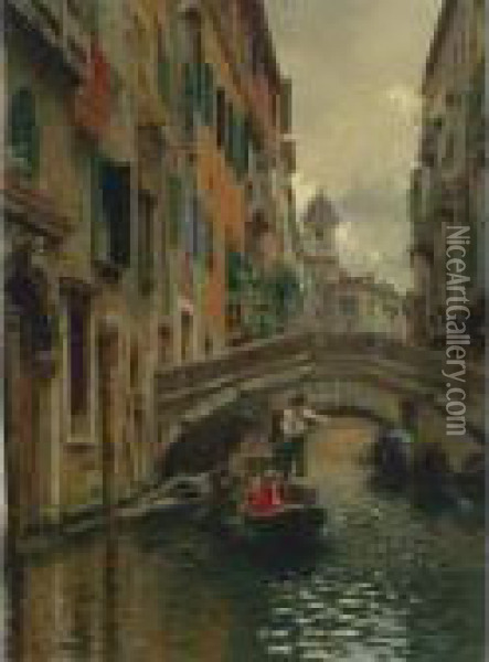 A Quiet Canal, Venice Oil Painting - Rubens Santoro