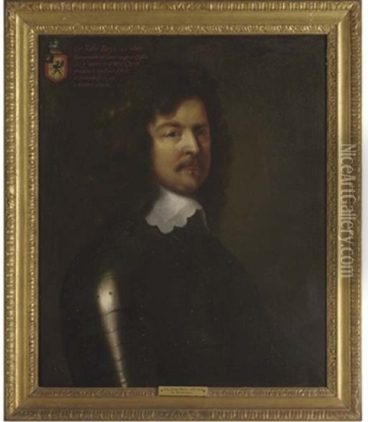Portrait Of Sir John Boys In Armour, With A White Lace Collar, His Coat Of Arms Displayed In The Top Left Hand Corner Oil Painting - William Dobson