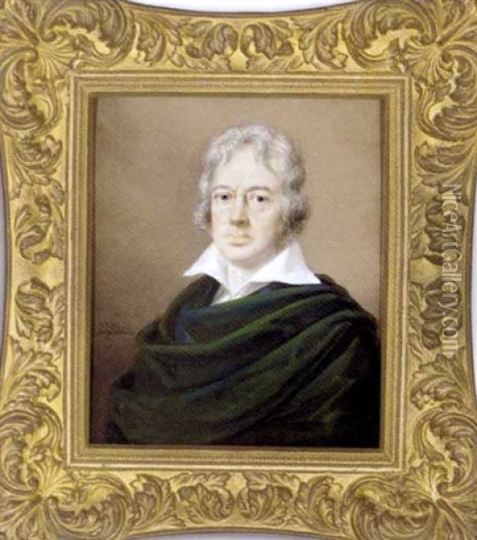 A Gentleman, Possibly Of The Erdody Family, In White Shirt And Green Cloak Draped Over His Left Shoulder Oil Painting - Josef Lanzedelly the Elder