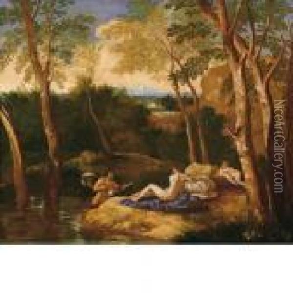 Paesaggio Con Satiro E Ninfa Oil Painting - Nicolas Poussin