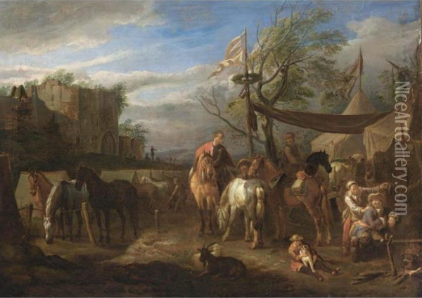 Riders Halted And Resting At A Military Encampment Oil Painting - Pieter van Bloemen