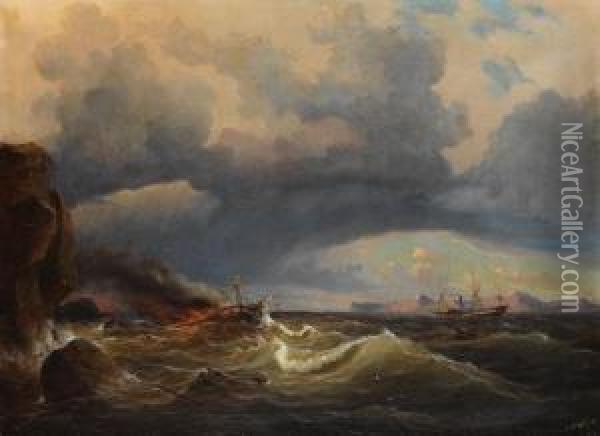 Schiffbruch An Felsiger Kuste, Ein Raddampfer Liegt In Der Nahe Oil Painting - Johann Baptist Weiss