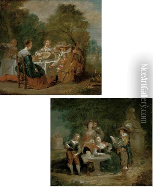 Elegant Company Making Music At A Table In A Landscape; And Elegant Company Listening To A Recital In A Classical Landscape Oil Painting - Hieronymus Janssens