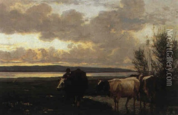 Landschaft Mit Weidenden Kuehen Oil Painting - Albert Lugardon